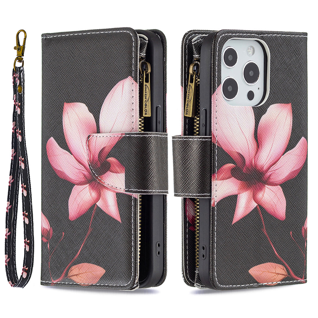 BF03 Pattern Printing Leather Stand Full Coverage Phone Cover with Wrist Strap and Zippered Wallet for iPhone 13 Pro 6.1 inch