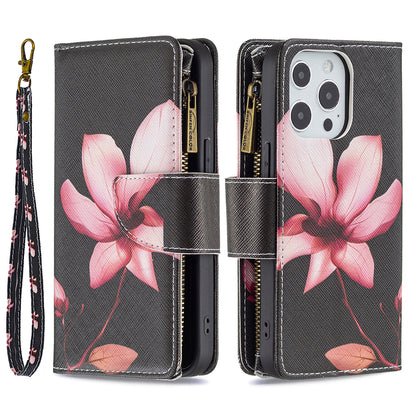 BF03 Pattern Printing Leather Stand Full Coverage Phone Cover with Wrist Strap and Zippered Wallet for iPhone 13 Pro 6.1 inch