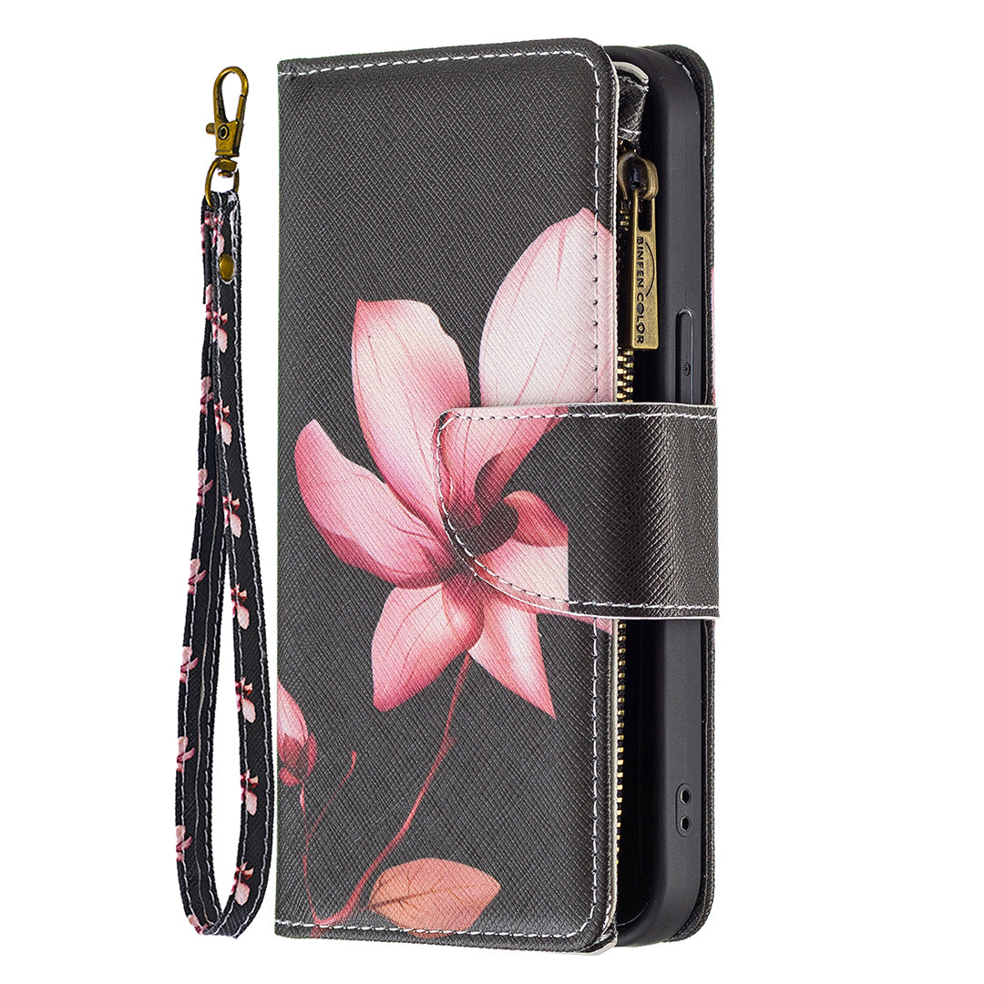 BF03 Pattern Printing Leather Stand Full Coverage Phone Cover with Wrist Strap and Zippered Wallet for iPhone 13 Pro 6.1 inch