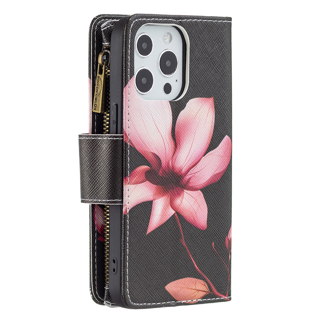 BF03 Pattern Printing Leather Stand Full Coverage Phone Cover with Wrist Strap and Zippered Wallet for iPhone 13 Pro 6.1 inch
