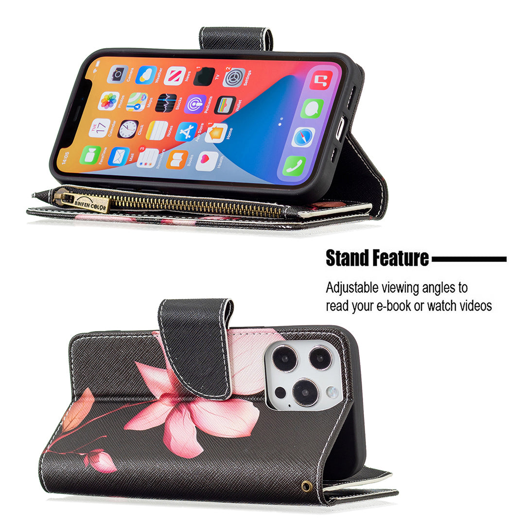 BF03 Pattern Printing Leather Stand Full Coverage Phone Cover with Wrist Strap and Zippered Wallet for iPhone 13 Pro 6.1 inch