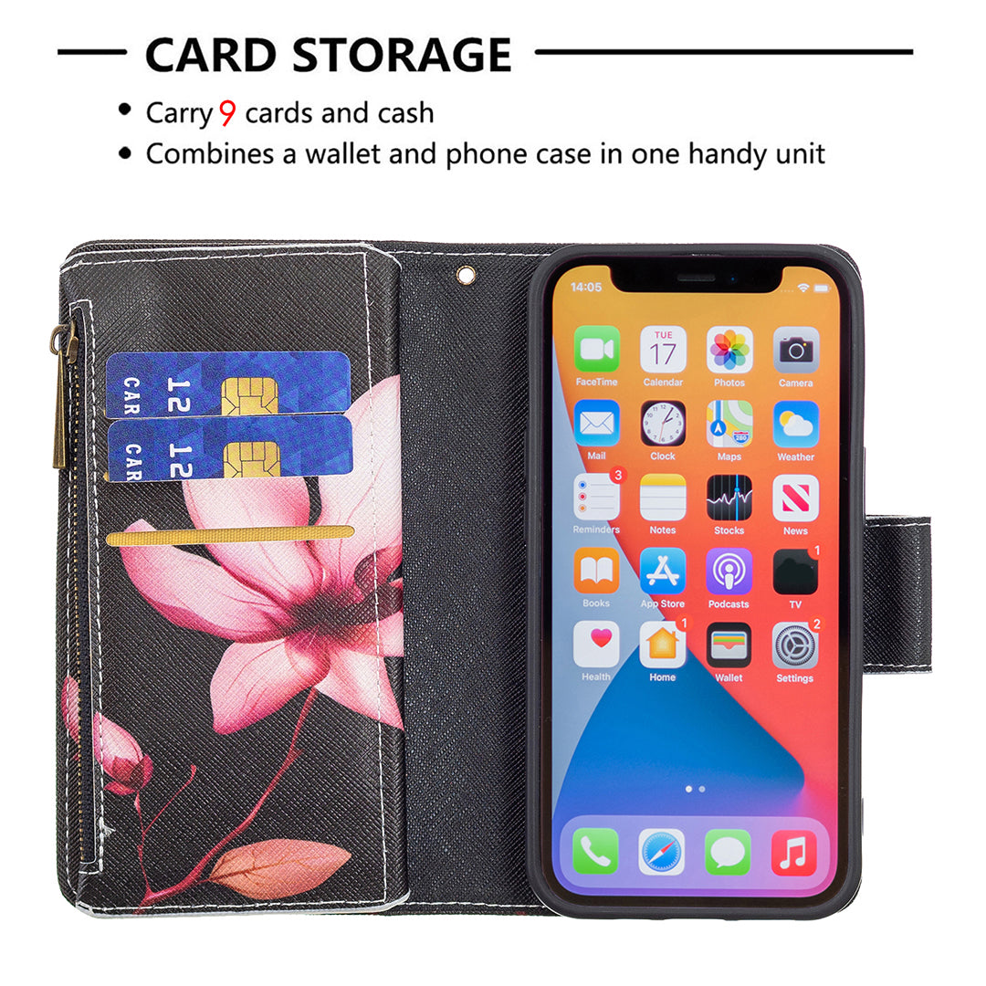 BF03 Pattern Printing Leather Stand Full Coverage Phone Cover with Wrist Strap and Zippered Wallet for iPhone 13 Pro 6.1 inch