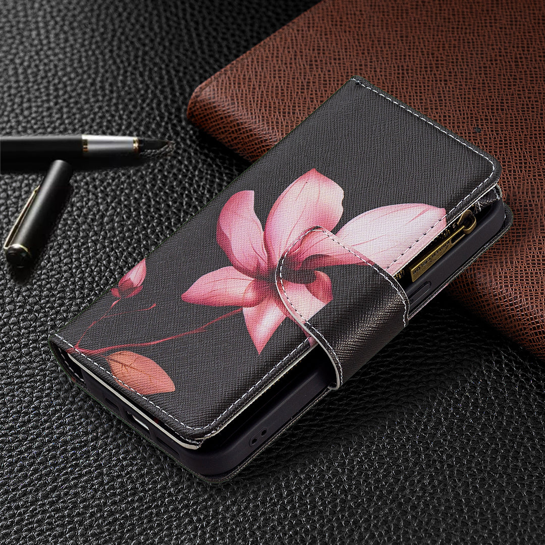 BF03 Pattern Printing Leather Stand Full Coverage Phone Cover with Wrist Strap and Zippered Wallet for iPhone 13 Pro 6.1 inch