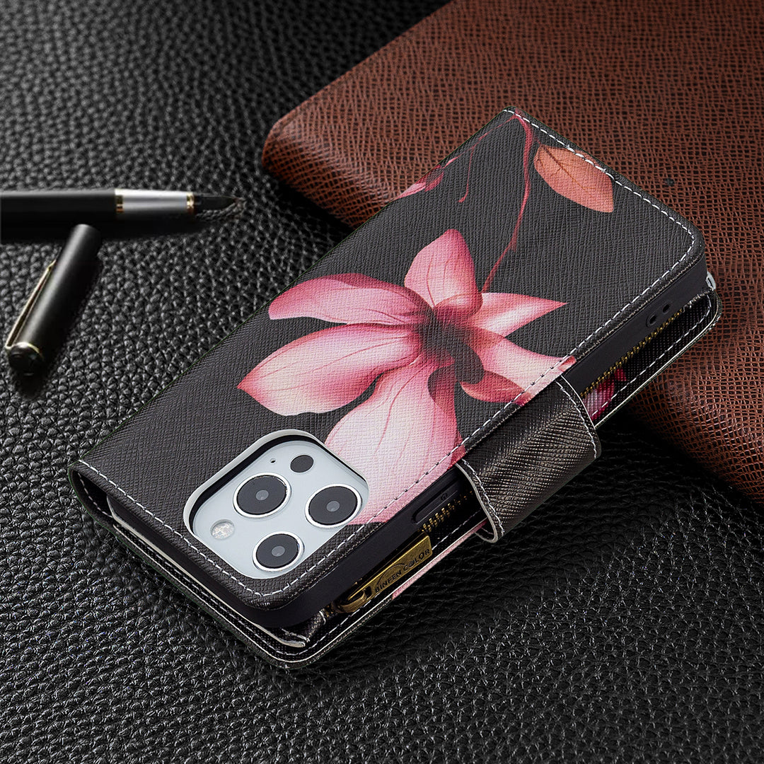BF03 Pattern Printing Leather Stand Full Coverage Phone Cover with Wrist Strap and Zippered Wallet for iPhone 13 Pro 6.1 inch
