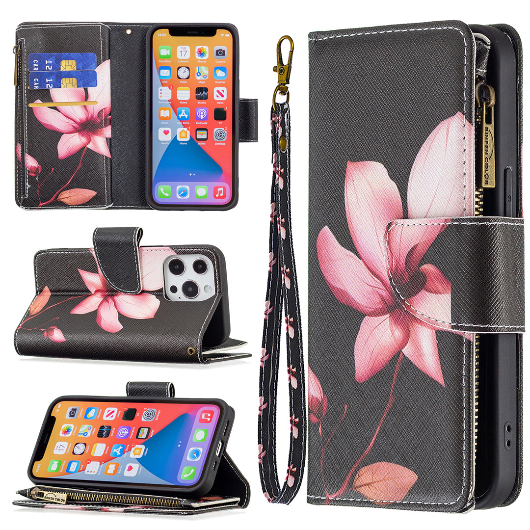 BF03 Pattern Printing Leather Stand Full Coverage Phone Cover with Wrist Strap and Zippered Wallet for iPhone 13 Pro 6.1 inch