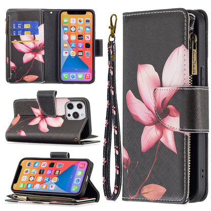 BF03 Pattern Printing Leather Stand Full Coverage Phone Cover with Wrist Strap and Zippered Wallet for iPhone 13 Pro 6.1 inch