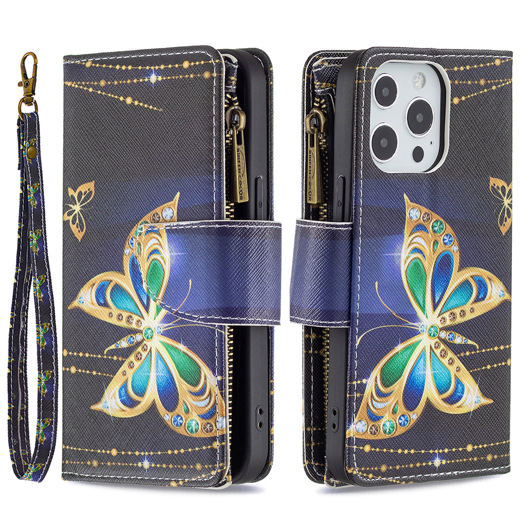 BF03 Pattern Printing Leather Stand Full Coverage Phone Cover with Wrist Strap and Zippered Wallet for iPhone 13 Pro 6.1 inch