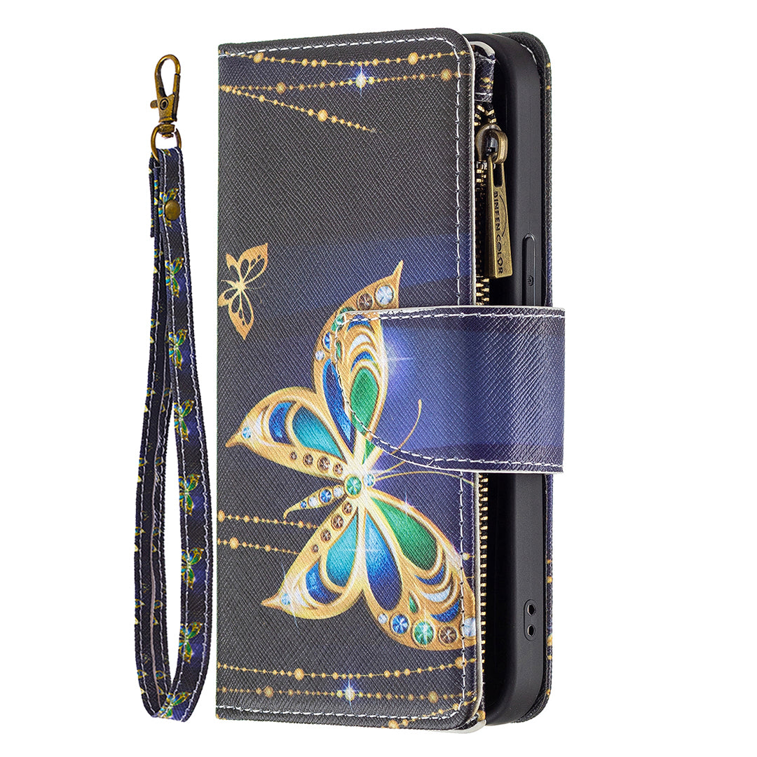 BF03 Pattern Printing Leather Stand Full Coverage Phone Cover with Wrist Strap and Zippered Wallet for iPhone 13 Pro 6.1 inch