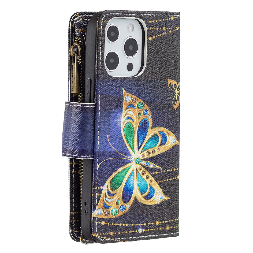 BF03 Pattern Printing Leather Stand Full Coverage Phone Cover with Wrist Strap and Zippered Wallet for iPhone 13 Pro 6.1 inch
