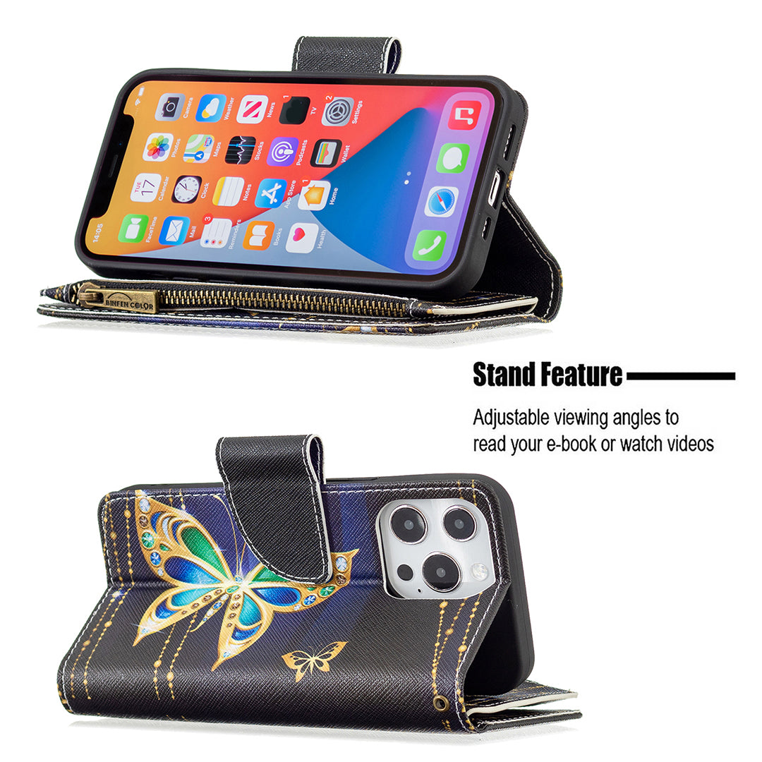 BF03 Pattern Printing Leather Stand Full Coverage Phone Cover with Wrist Strap and Zippered Wallet for iPhone 13 Pro 6.1 inch
