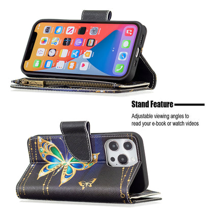BF03 Pattern Printing Leather Stand Full Coverage Phone Cover with Wrist Strap and Zippered Wallet for iPhone 13 Pro 6.1 inch