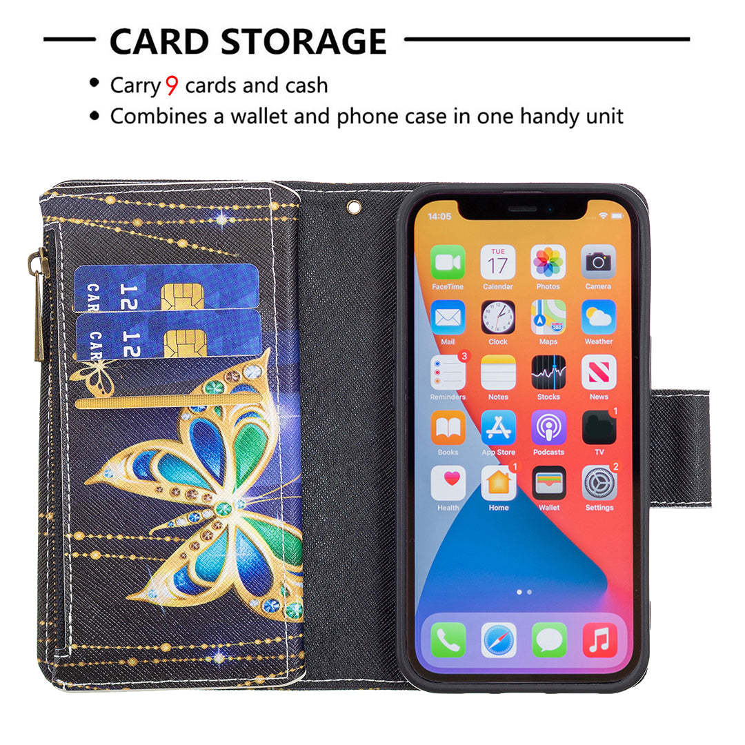 BF03 Pattern Printing Leather Stand Full Coverage Phone Cover with Wrist Strap and Zippered Wallet for iPhone 13 Pro 6.1 inch