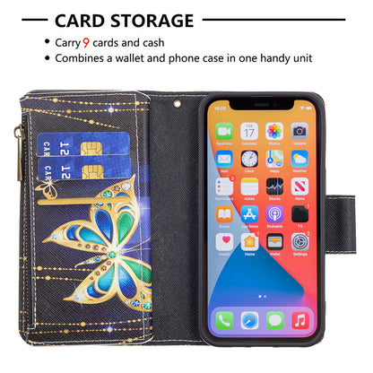 BF03 Pattern Printing Leather Stand Full Coverage Phone Cover with Wrist Strap and Zippered Wallet for iPhone 13 Pro 6.1 inch