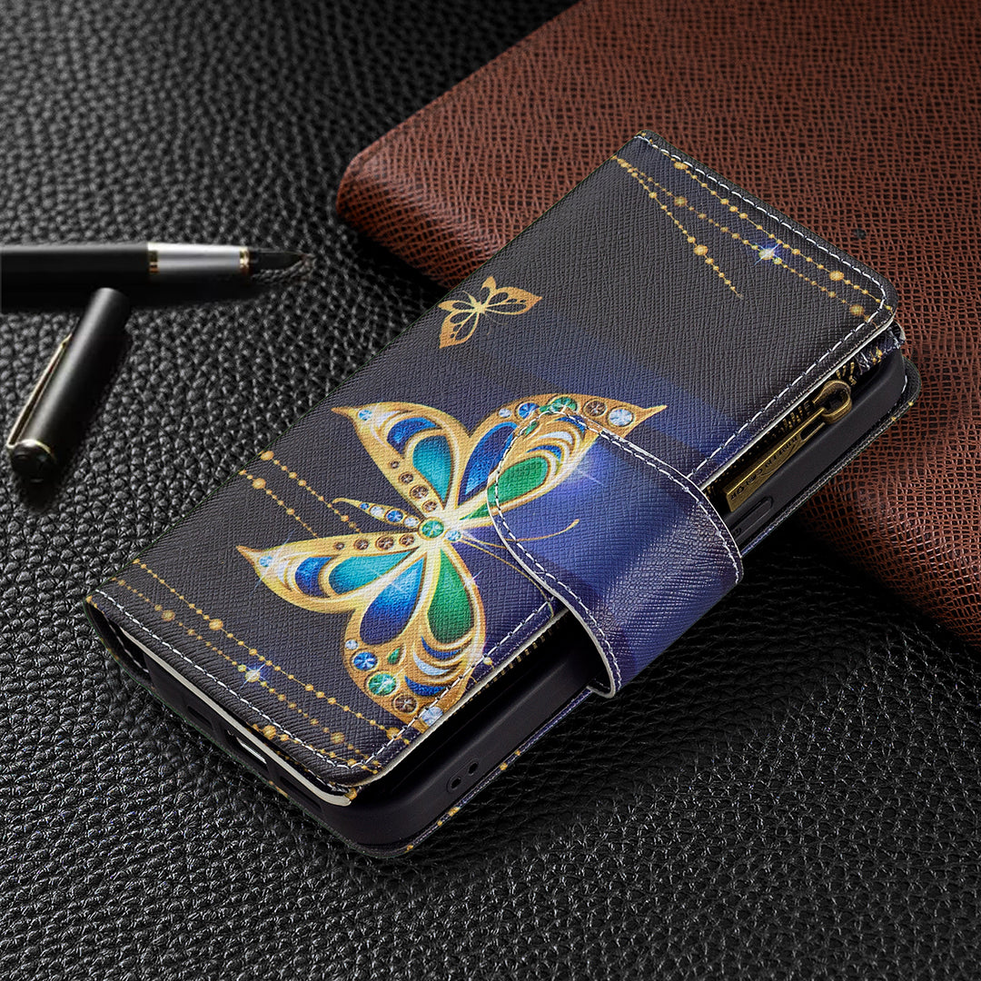 BF03 Pattern Printing Leather Stand Full Coverage Phone Cover with Wrist Strap and Zippered Wallet for iPhone 13 Pro 6.1 inch