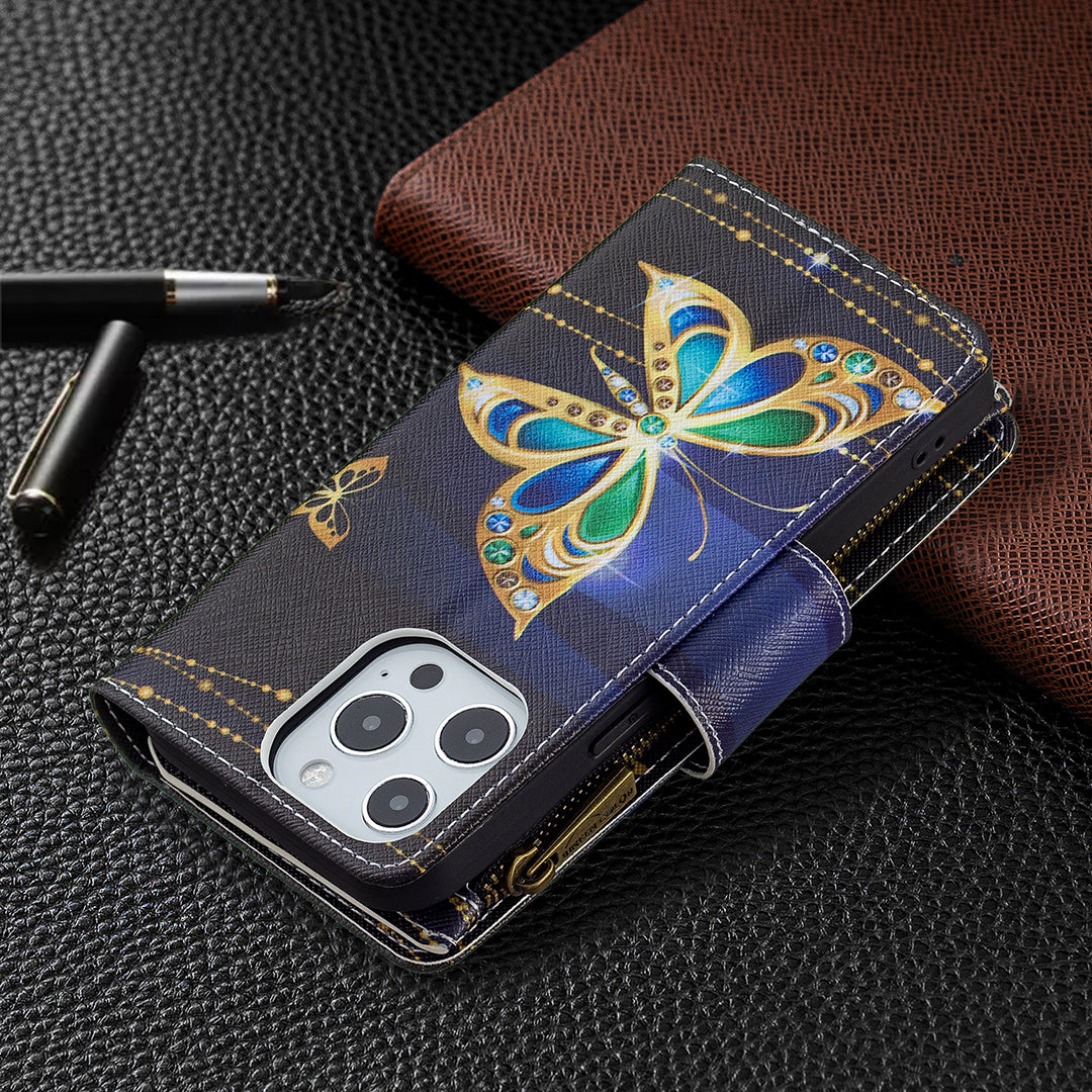 BF03 Pattern Printing Leather Stand Full Coverage Phone Cover with Wrist Strap and Zippered Wallet for iPhone 13 Pro 6.1 inch