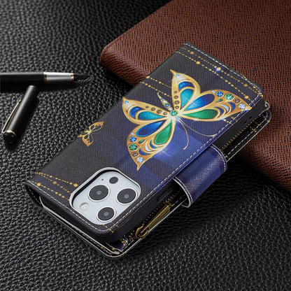 BF03 Pattern Printing Leather Stand Full Coverage Phone Cover with Wrist Strap and Zippered Wallet for iPhone 13 Pro 6.1 inch