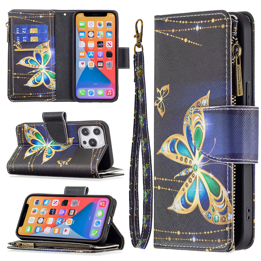 BF03 Pattern Printing Leather Stand Full Coverage Phone Cover with Wrist Strap and Zippered Wallet for iPhone 13 Pro 6.1 inch