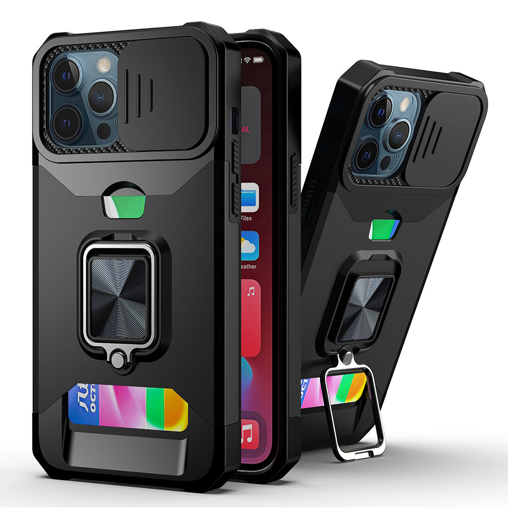 Card Holder Design Hybrid Phone Case Cover Shell with Magnetic Metal Sheet and Removable Lens Shield for iPhone 13 Pro Max 6.7 inch