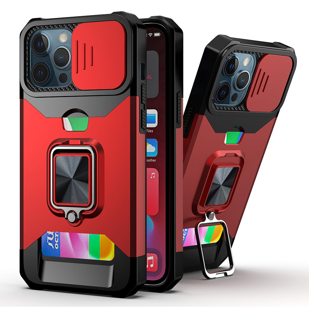 Card Holder Design Hybrid Phone Case Cover Shell with Magnetic Metal Sheet and Removable Lens Shield for iPhone 13 Pro Max 6.7 inch