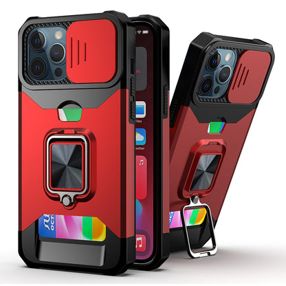 Card Holder Design Hybrid Phone Case Cover Shell with Magnetic Metal Sheet and Removable Lens Shield for iPhone 13 Pro Max 6.7 inch