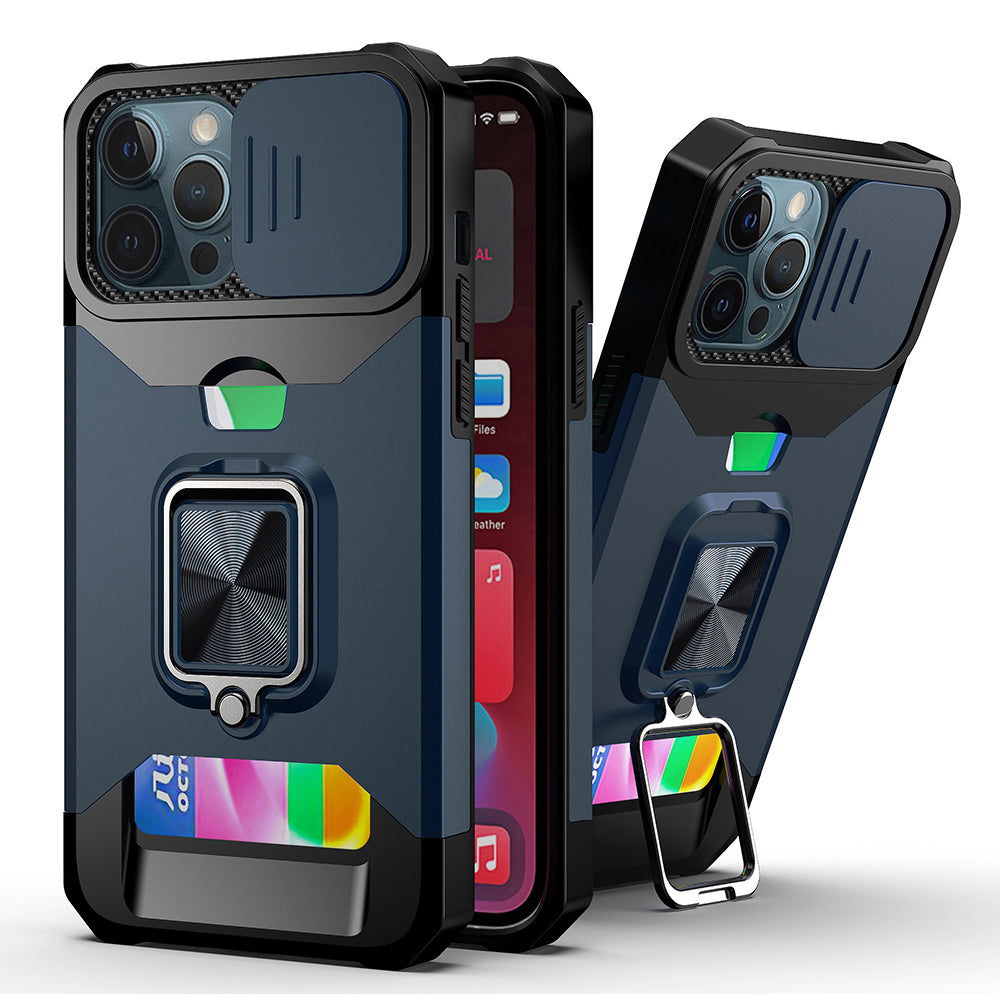 Card Holder Design Hybrid Phone Case Cover Shell with Magnetic Metal Sheet and Removable Lens Shield for iPhone 13 Pro Max 6.7 inch