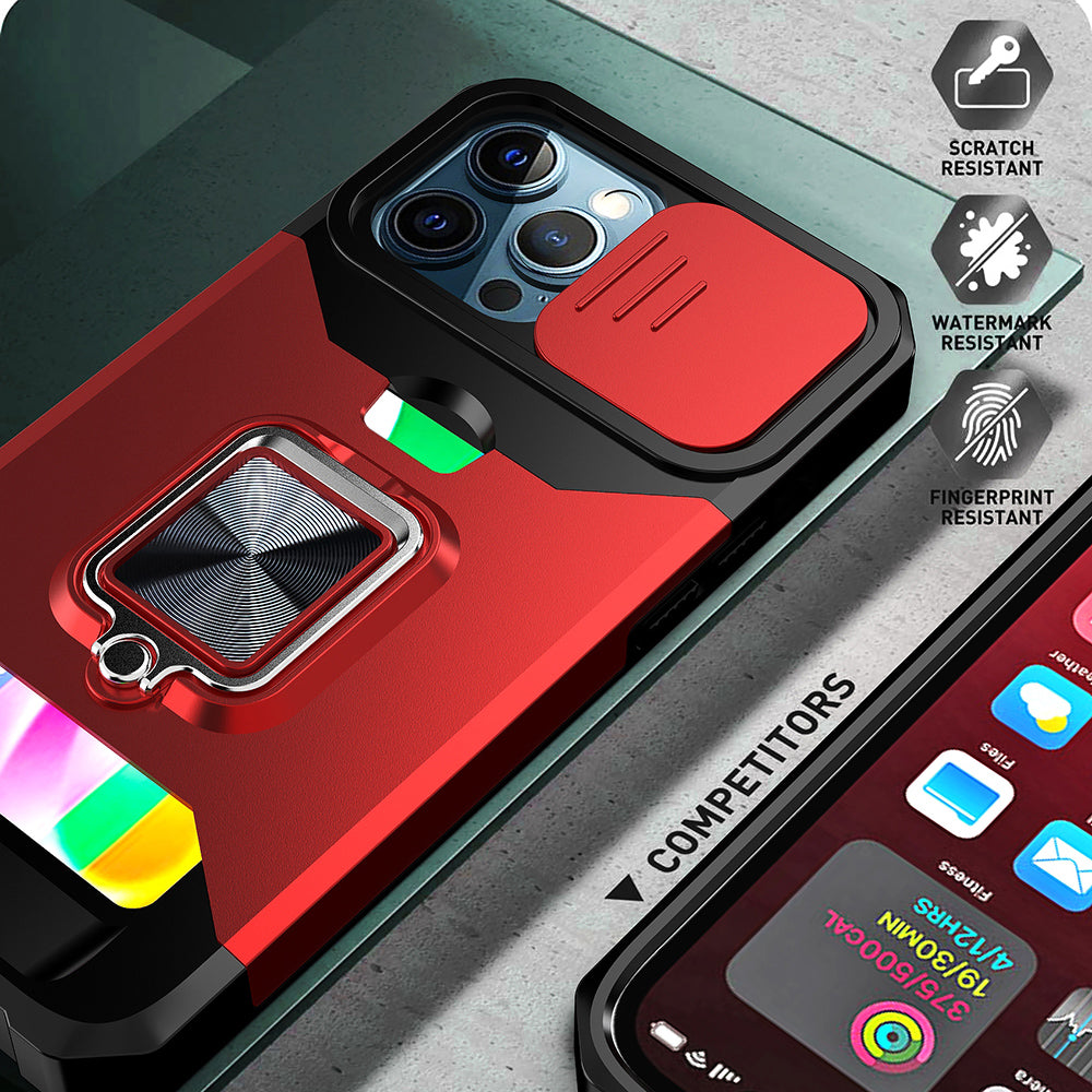 Card Holder Design Hybrid Phone Case Cover Shell with Magnetic Metal Sheet and Removable Lens Shield for iPhone 13 Pro Max 6.7 inch