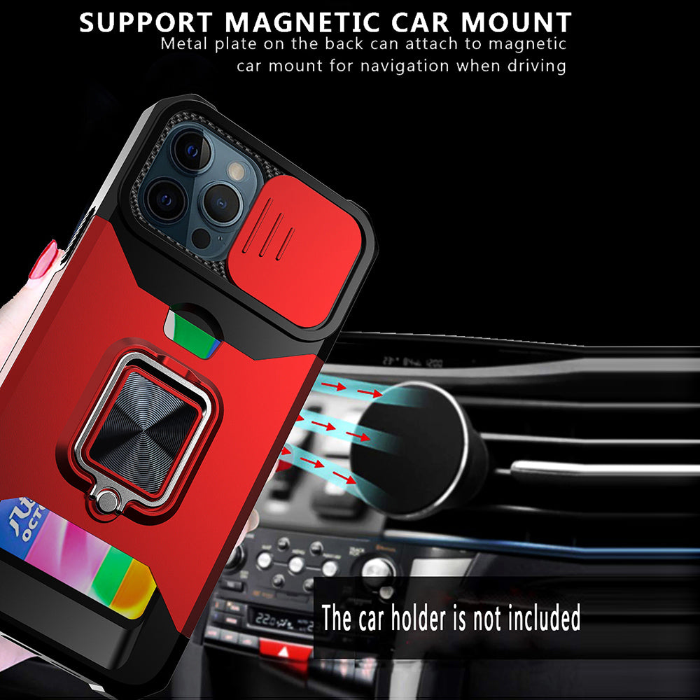 Card Holder Design Hybrid Phone Case Cover Shell with Magnetic Metal Sheet and Removable Lens Shield for iPhone 13 Pro Max 6.7 inch