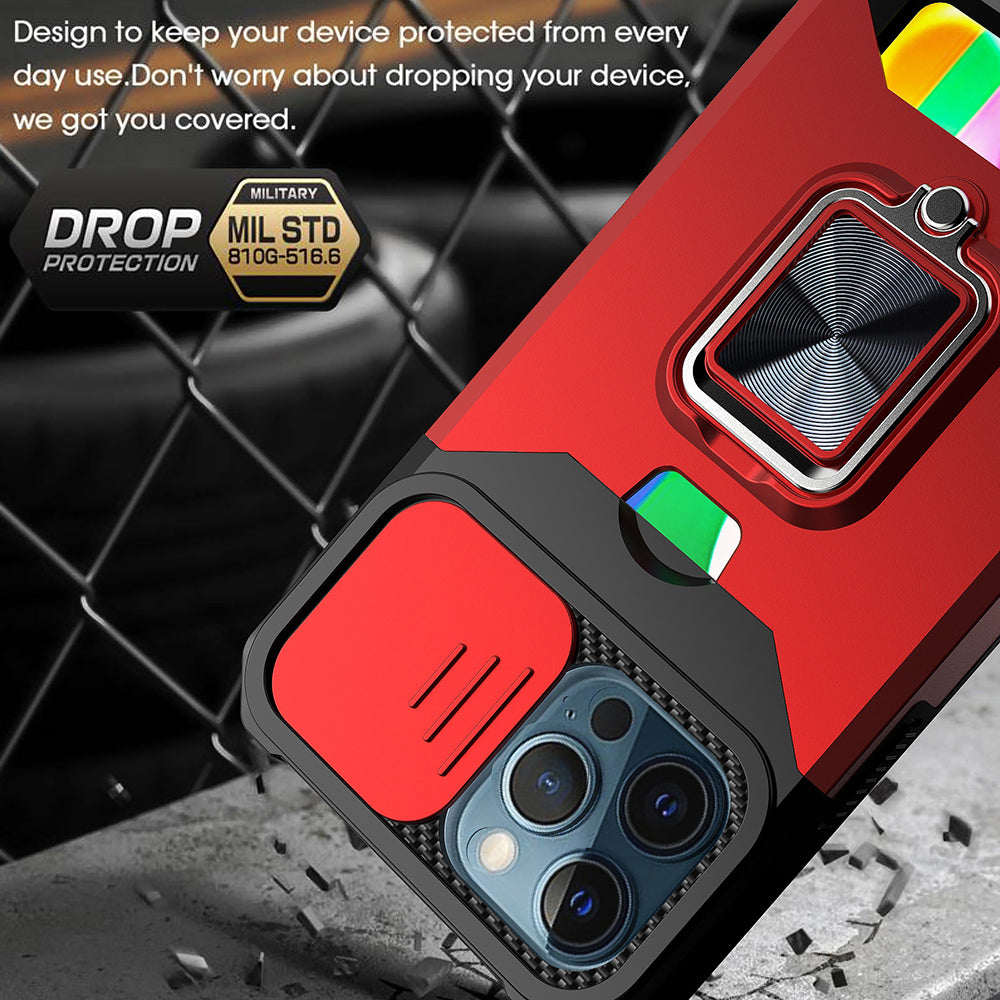 Card Holder Design Hybrid Phone Case Cover Shell with Magnetic Metal Sheet and Removable Lens Shield for iPhone 13 Pro Max 6.7 inch