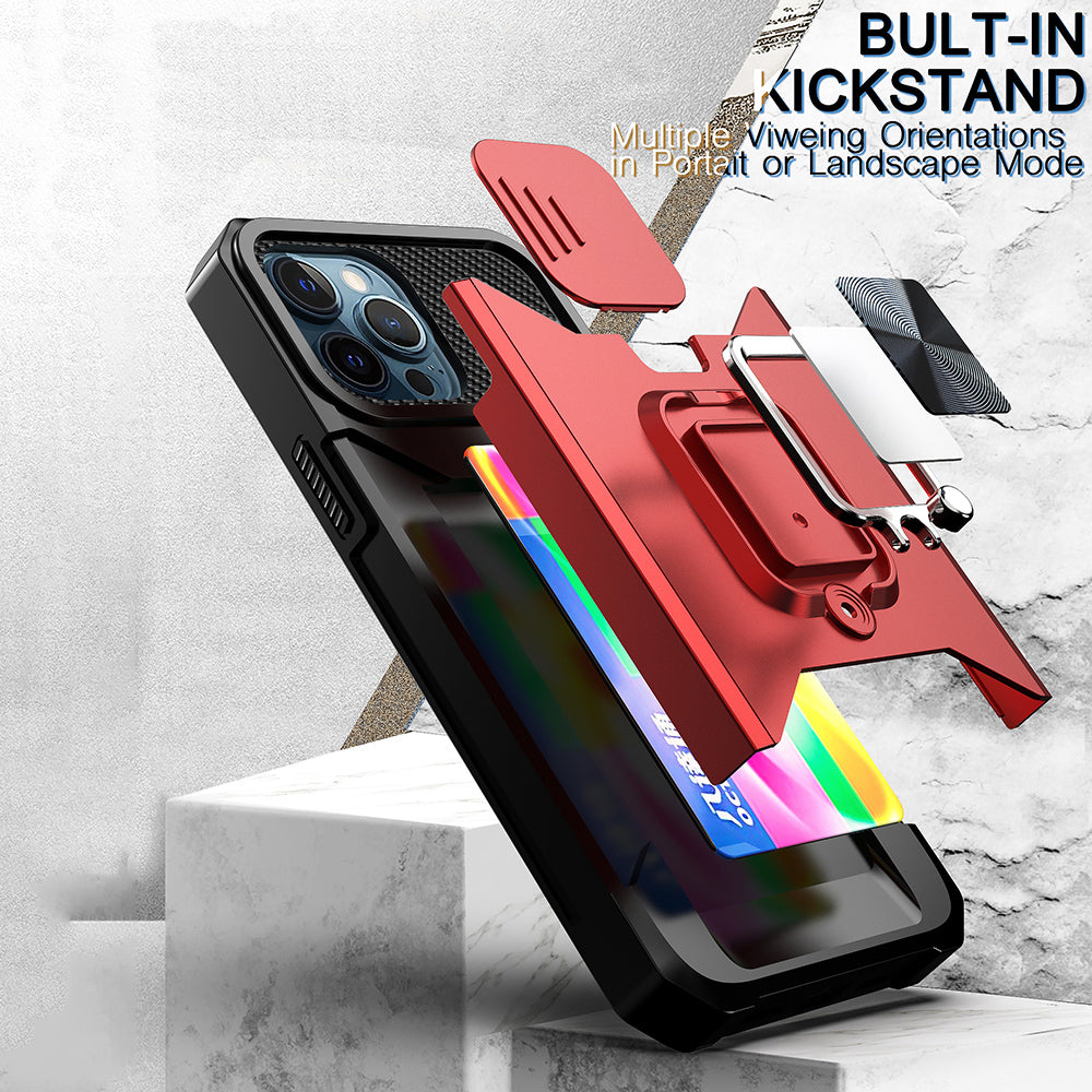 Card Holder Design Hybrid Phone Case Cover Shell with Magnetic Metal Sheet and Removable Lens Shield for iPhone 13 Pro Max 6.7 inch