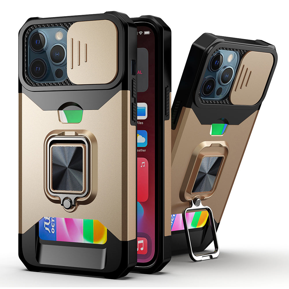 Card Holder Design Hybrid Phone Case Cover Shell with Magnetic Metal Sheet and Removable Lens Shield for iPhone 13 Pro Max 6.7 inch