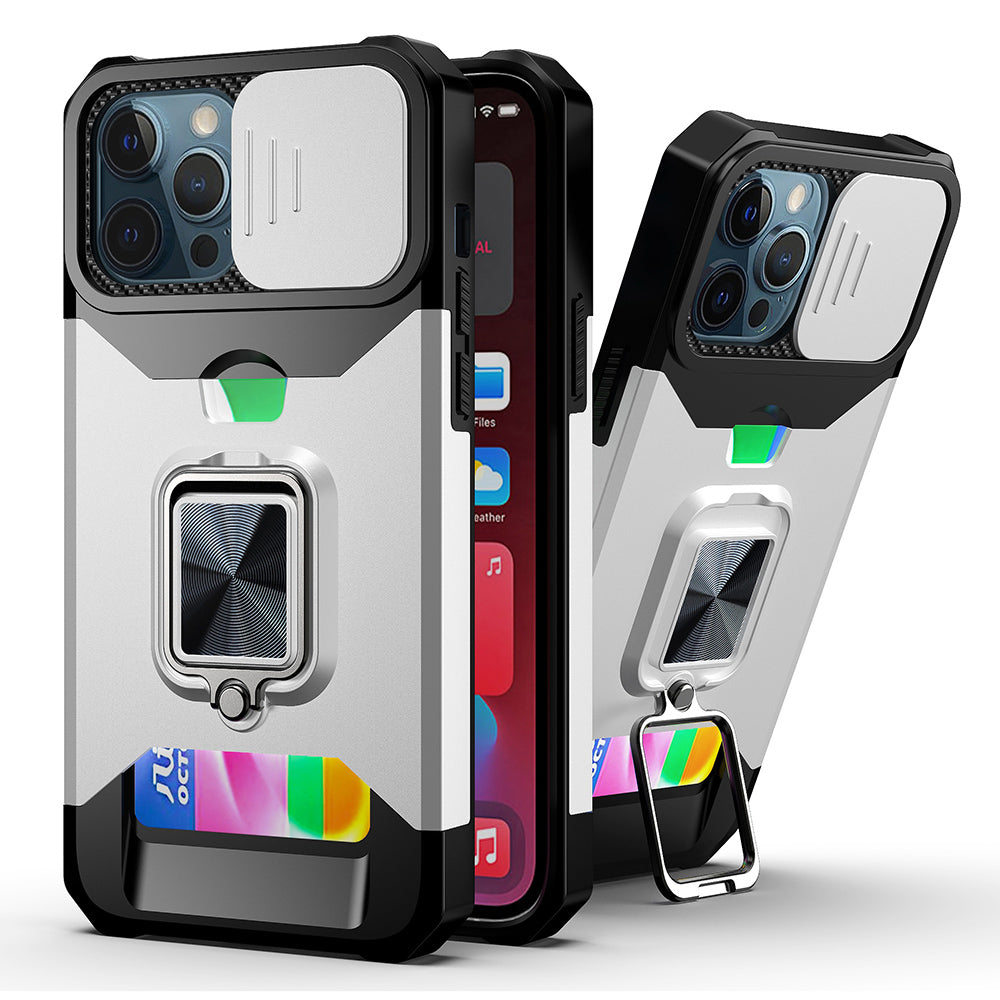 Card Holder Design Hybrid Phone Case Cover Shell with Magnetic Metal Sheet and Removable Lens Shield for iPhone 13 Pro Max 6.7 inch