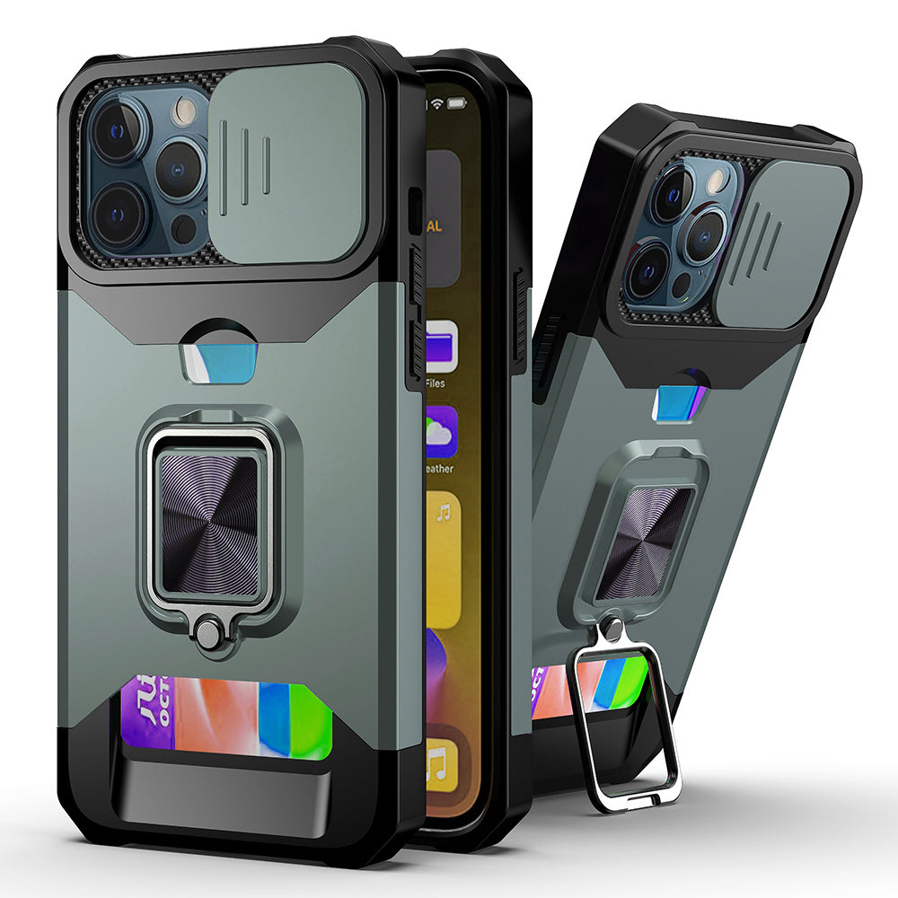Card Holder Design Hybrid Phone Case Cover Shell with Magnetic Metal Sheet and Removable Lens Shield for iPhone 13 Pro Max 6.7 inch