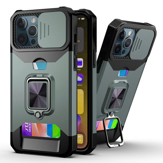 Card Holder Design Hybrid Phone Case Cover Shell with Magnetic Metal Sheet and Removable Lens Shield for iPhone 13 Pro Max 6.7 inch