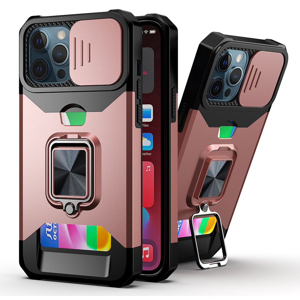 Card Holder Design Hybrid Phone Case Cover Shell with Magnetic Metal Sheet and Removable Lens Shield for iPhone 13 Pro Max 6.7 inch