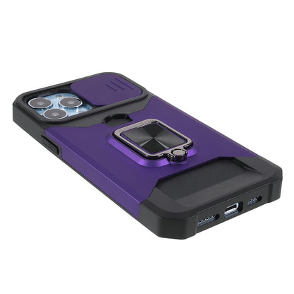 Card Holder Design Hybrid Phone Case Cover Shell with Magnetic Metal Sheet and Removable Lens Shield for iPhone 13 Pro Max 6.7 inch