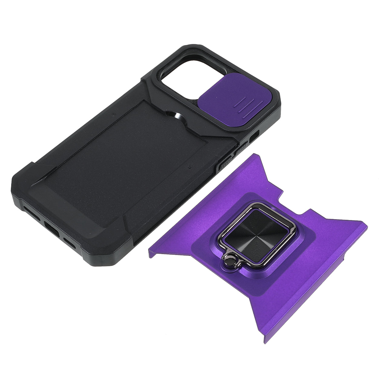 Card Holder Design Hybrid Phone Case Cover Shell with Magnetic Metal Sheet and Removable Lens Shield for iPhone 13 Pro Max 6.7 inch