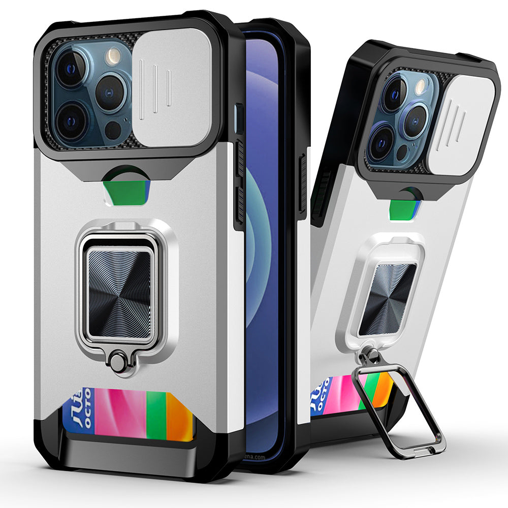 Shock-Absorbed Hybrid Phone Case Cover Shell with Card Holder and Removable Lens Shield for iPhone 13 Pro 6.1 inch