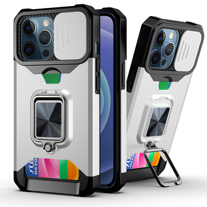 Shock-Absorbed Hybrid Phone Case Cover Shell with Card Holder and Removable Lens Shield for iPhone 13 Pro 6.1 inch