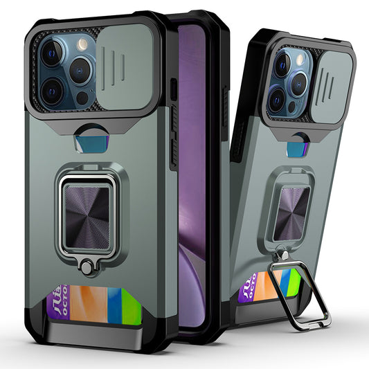 Shock-Absorbed Hybrid Phone Case Cover Shell with Card Holder and Removable Lens Shield for iPhone 13 Pro 6.1 inch