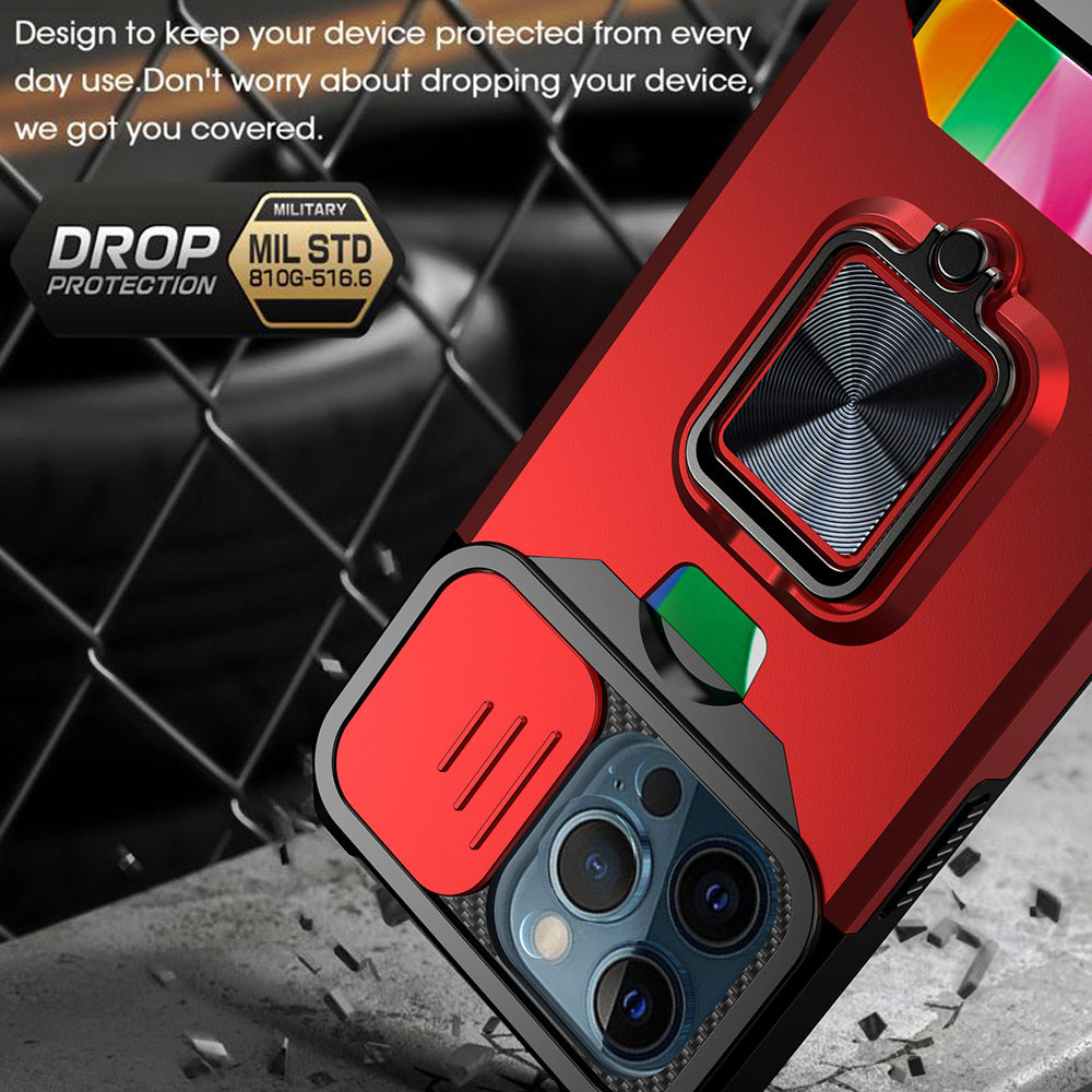 Shock-Absorbed Hybrid Phone Case Cover Shell with Card Holder and Removable Lens Shield for iPhone 13 Pro 6.1 inch