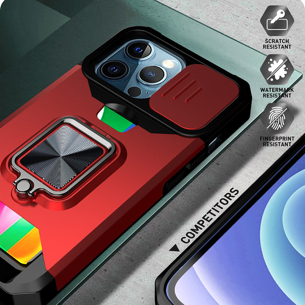 Shock-Absorbed Hybrid Phone Case Cover Shell with Card Holder and Removable Lens Shield for iPhone 13 Pro 6.1 inch