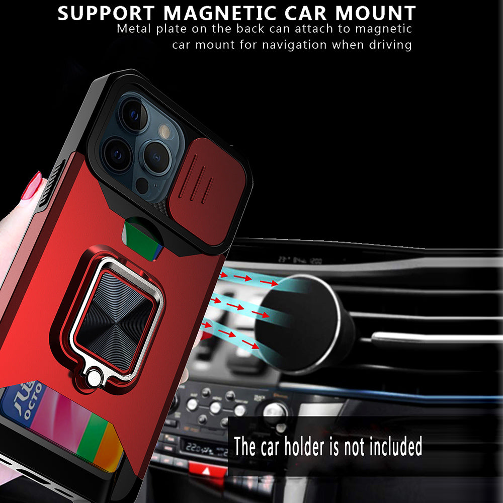 Shock-Absorbed Hybrid Phone Case Cover Shell with Card Holder and Removable Lens Shield for iPhone 13 Pro 6.1 inch