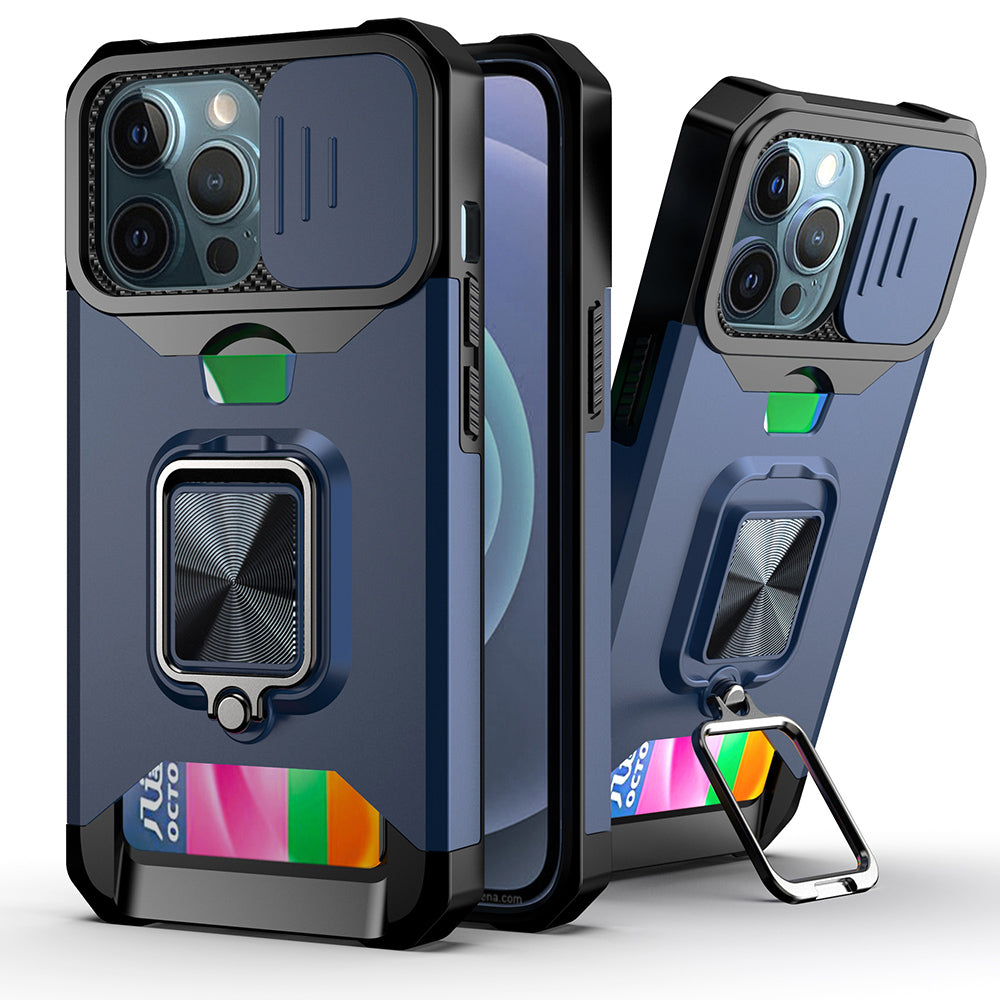 Shock-Absorbed Hybrid Phone Case Cover Shell with Card Holder and Removable Lens Shield for iPhone 13 Pro 6.1 inch
