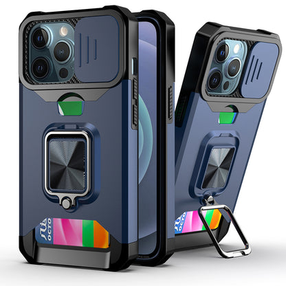 Shock-Absorbed Hybrid Phone Case Cover Shell with Card Holder and Removable Lens Shield for iPhone 13 Pro 6.1 inch