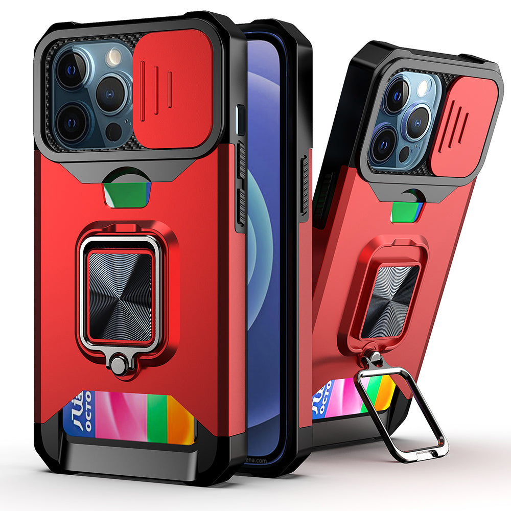 Shock-Absorbed Hybrid Phone Case Cover Shell with Card Holder and Removable Lens Shield for iPhone 13 Pro 6.1 inch