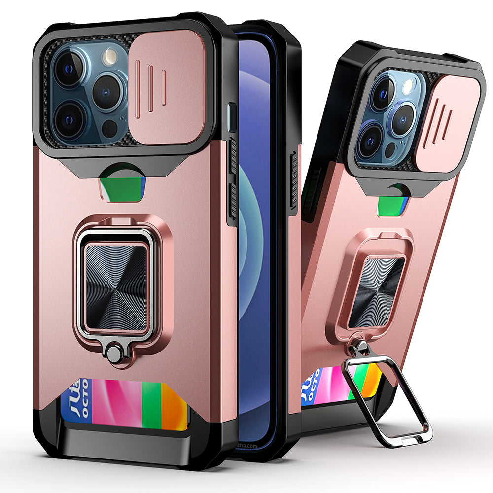 Shock-Absorbed Hybrid Phone Case Cover Shell with Card Holder and Removable Lens Shield for iPhone 13 Pro 6.1 inch