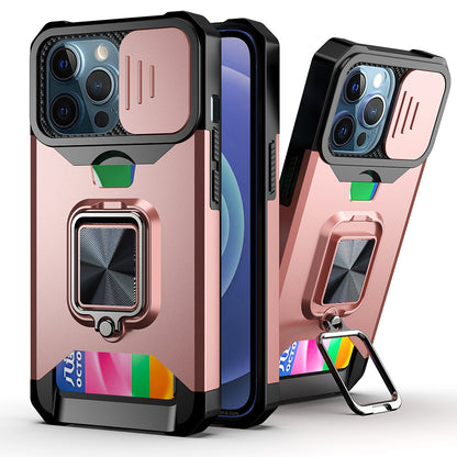 Shock-Absorbed Hybrid Phone Case Cover Shell with Card Holder and Removable Lens Shield for iPhone 13 Pro 6.1 inch
