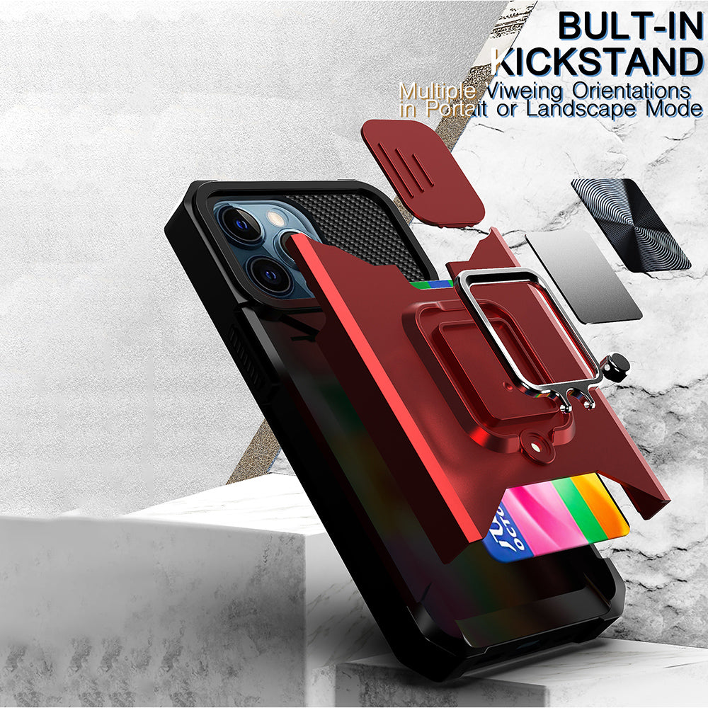 Shock-Absorbed Hybrid Phone Case Cover Shell with Card Holder and Removable Lens Shield for iPhone 13 Pro 6.1 inch