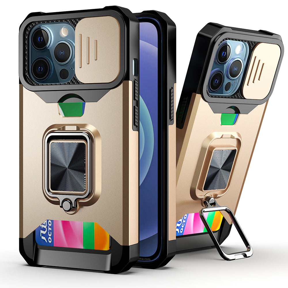 Shock-Absorbed Hybrid Phone Case Cover Shell with Card Holder and Removable Lens Shield for iPhone 13 Pro 6.1 inch