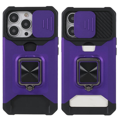 Shock-Absorbed Hybrid Phone Case Cover Shell with Card Holder and Removable Lens Shield for iPhone 13 Pro 6.1 inch